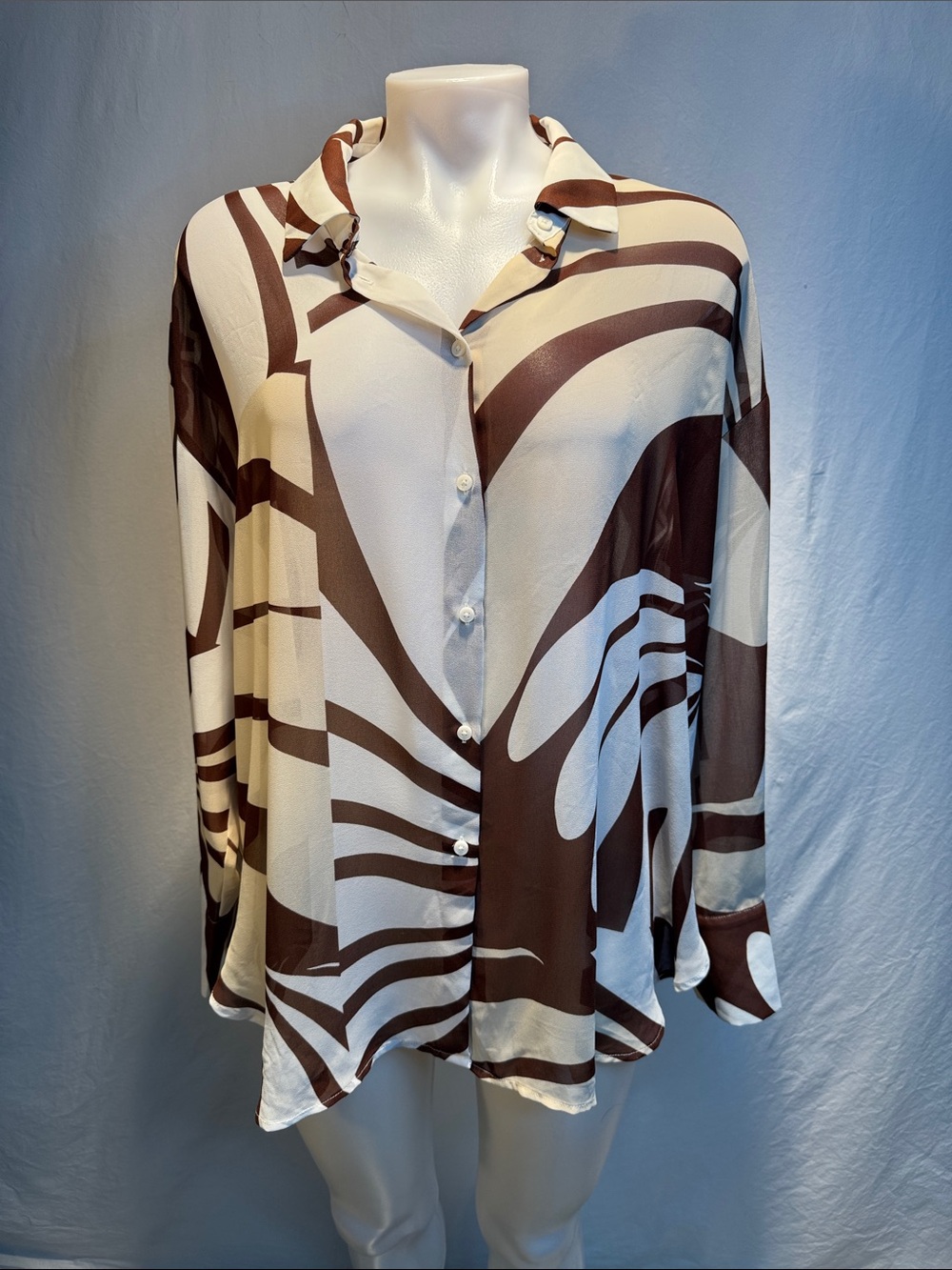 Worthington Brown and Cream Abstract Button-Down Blouse